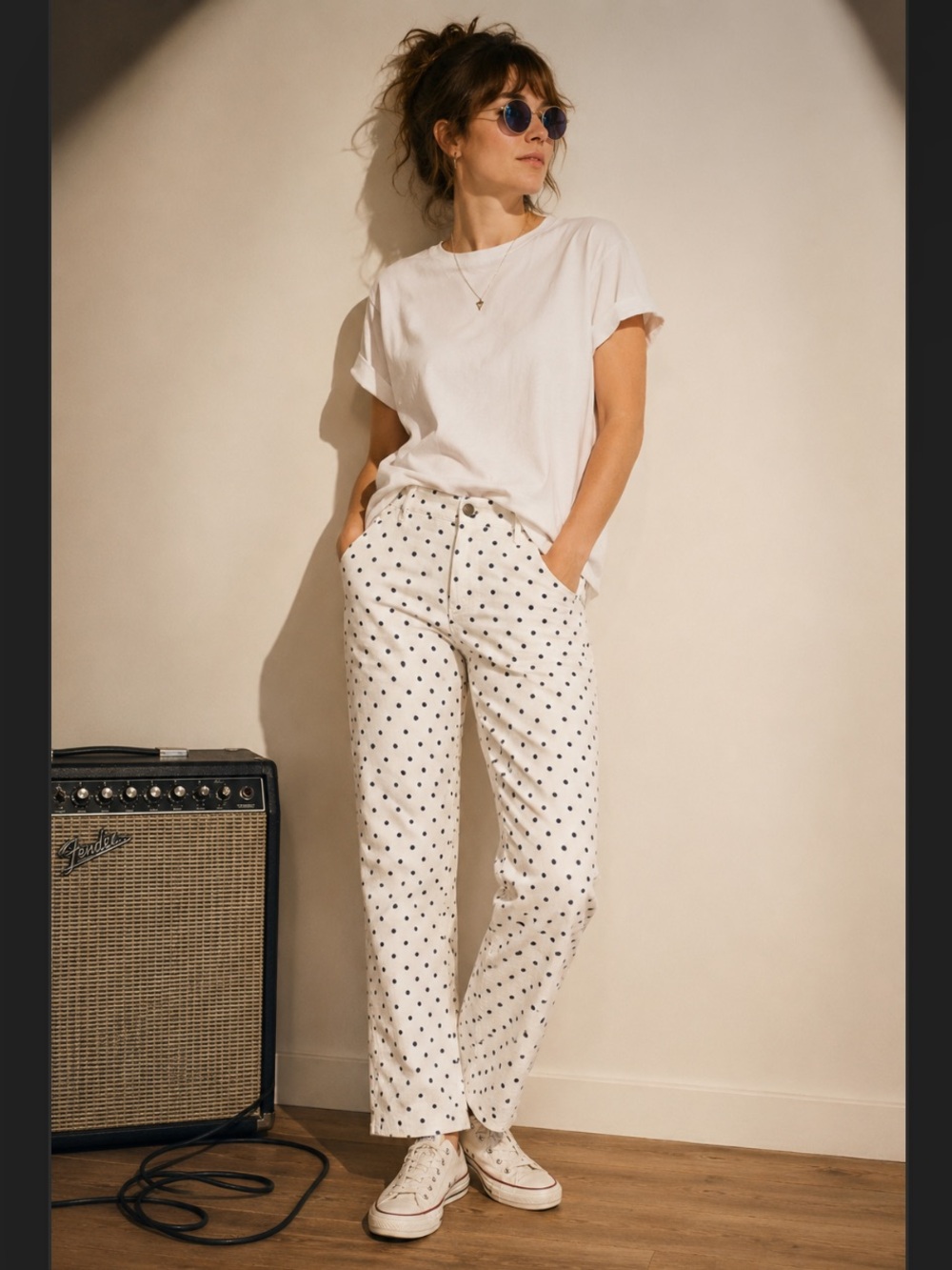 Angine de Poitrine Polka Dot Pants White Navy Size 8 Slim Straight Leg